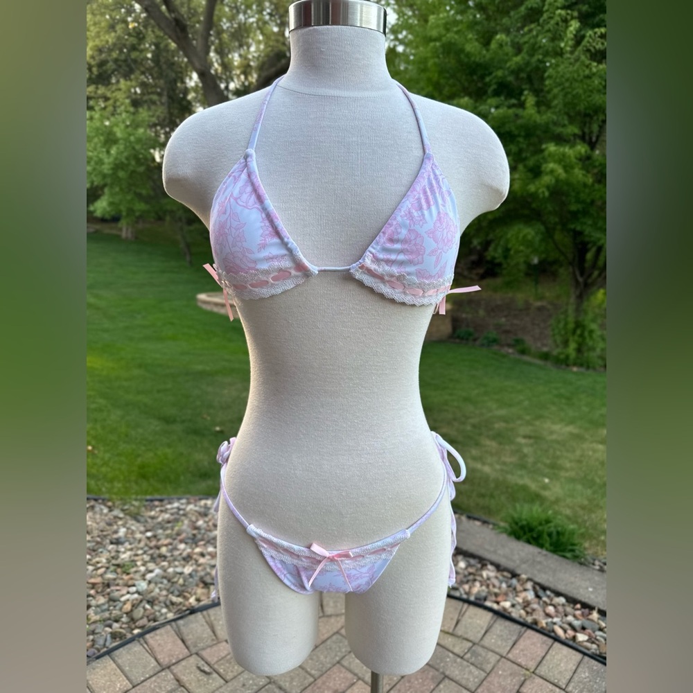 Pink and white Lace floral Bikini Set